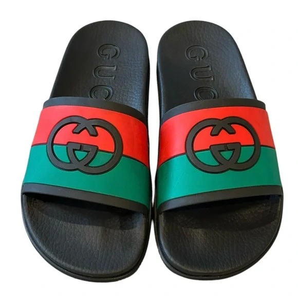 Gucci Signature Classic Stripe Rubber GG Logo Interlock Slides Sandals NWT 40